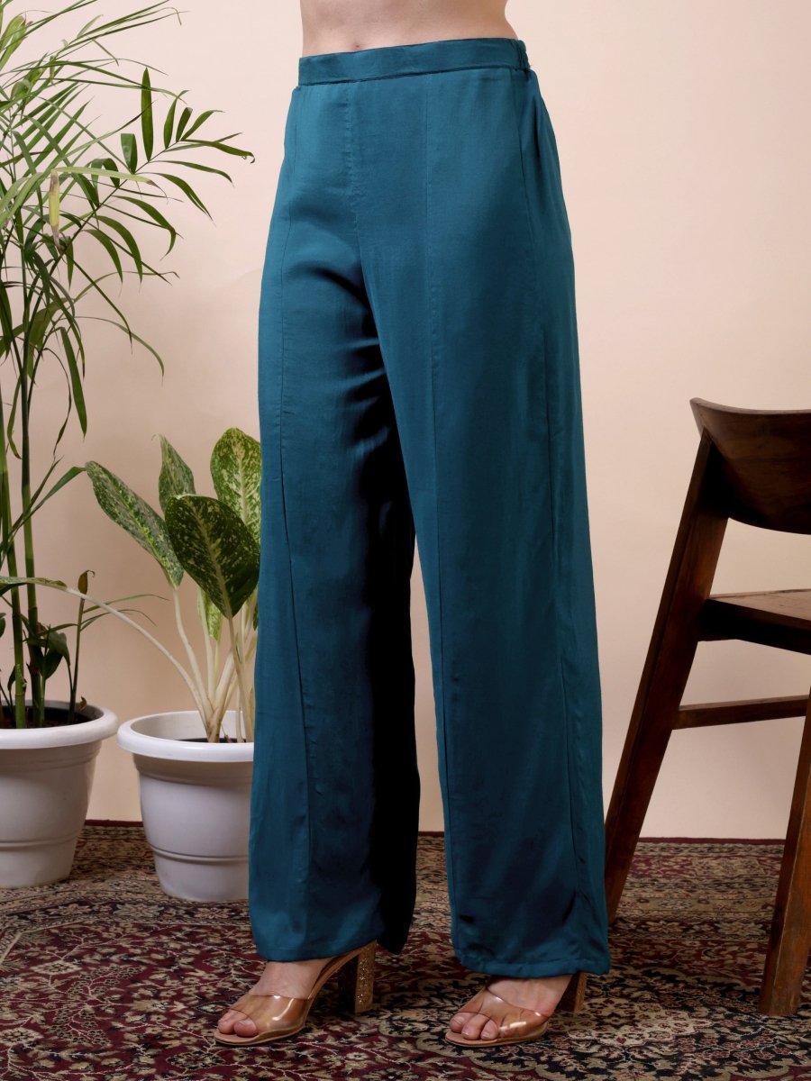 Metallic Blue Floral Embroidered A - Line Kurta Set with Dupatta - CLOHI