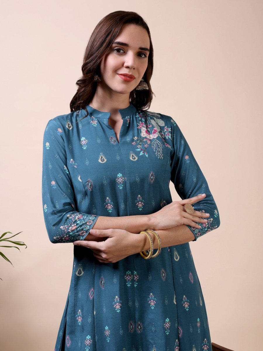Metallic Blue Floral Embroidered A - Line Kurta Set with Dupatta - CLOHI