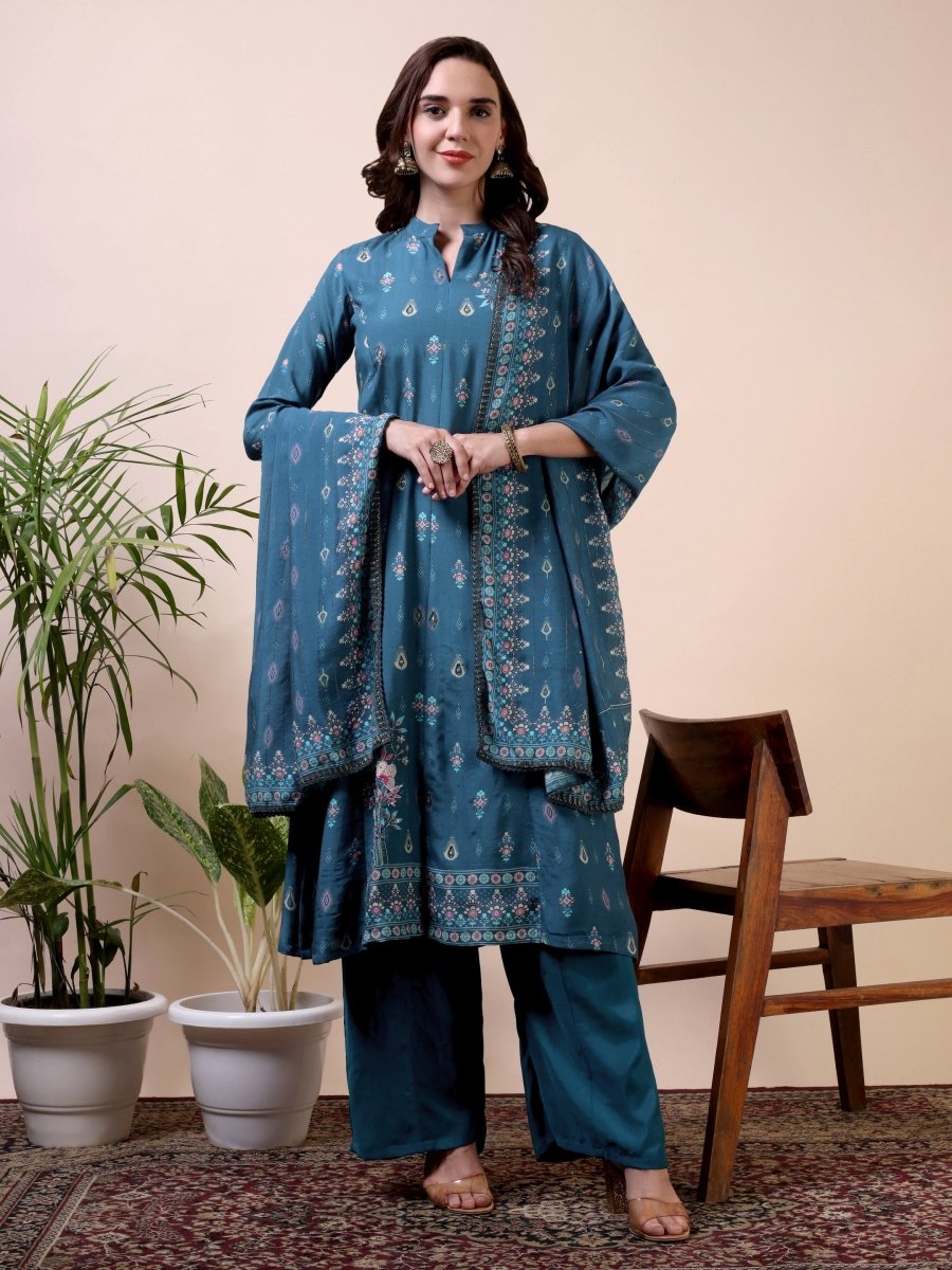 Metallic Blue Floral Embroidered A - Line Kurta Set with Dupatta - CLOHI