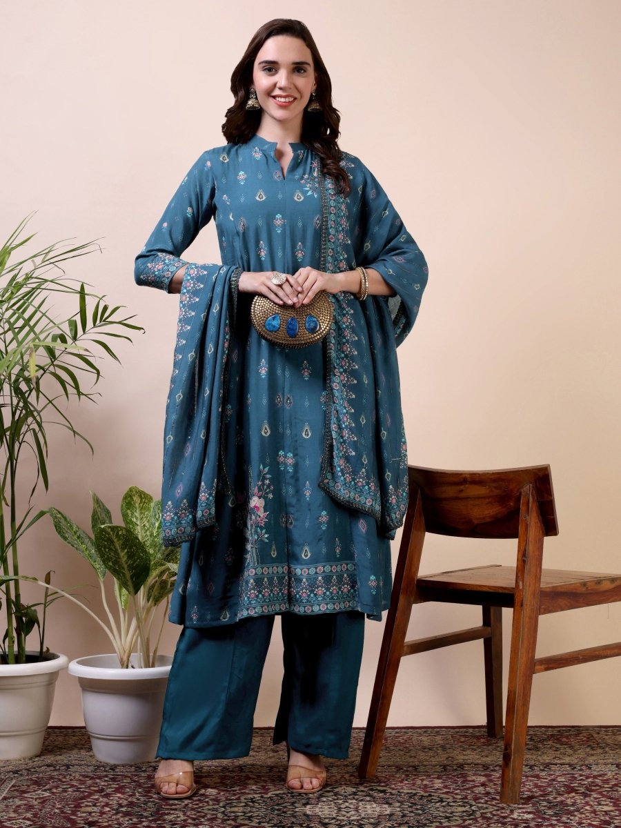 Metallic Blue Floral Embroidered A - Line Kurta Set with Dupatta - CLOHI