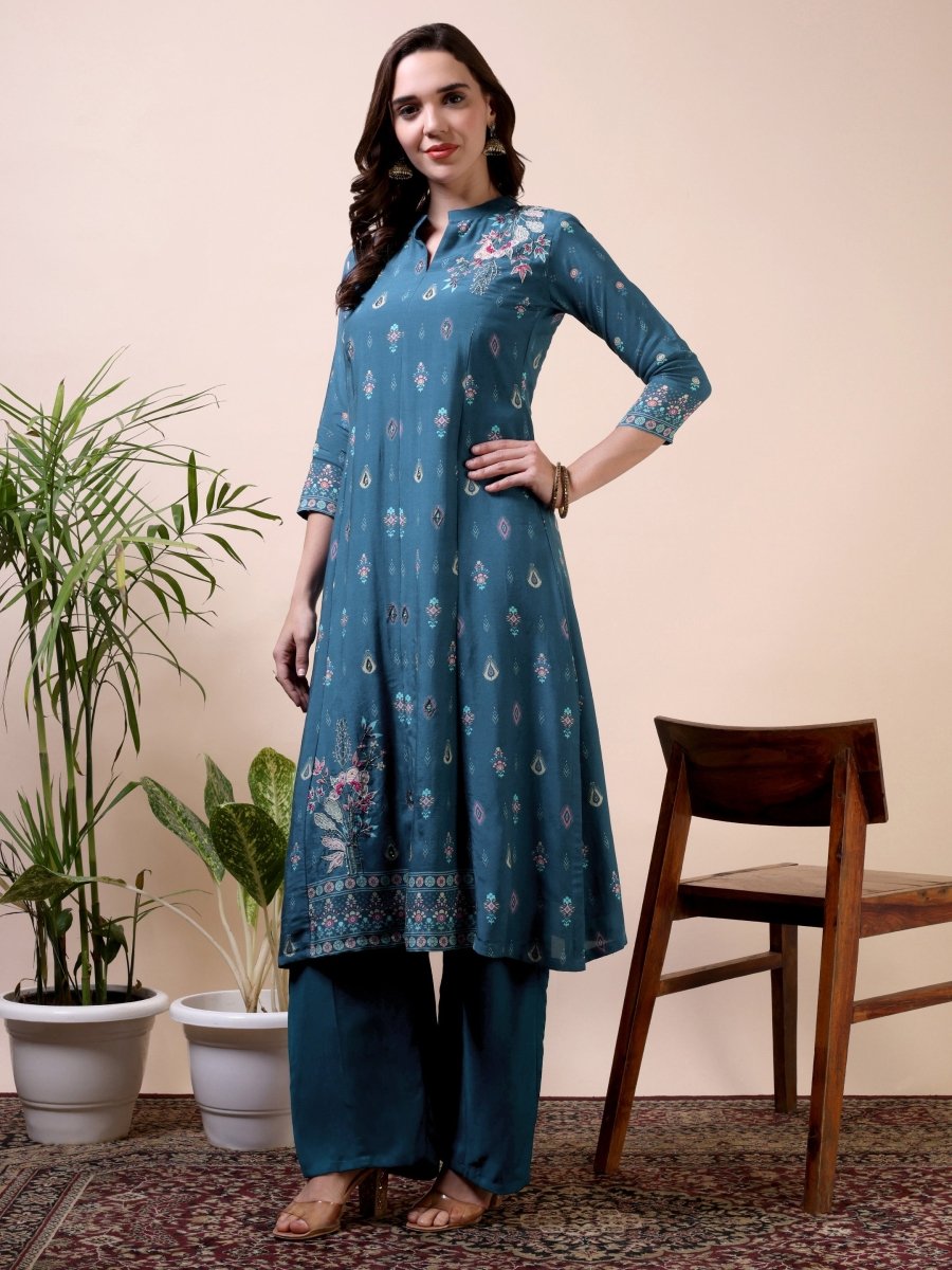 Metallic Blue Floral Embroidered A - Line Kurta Set with Dupatta - CLOHI