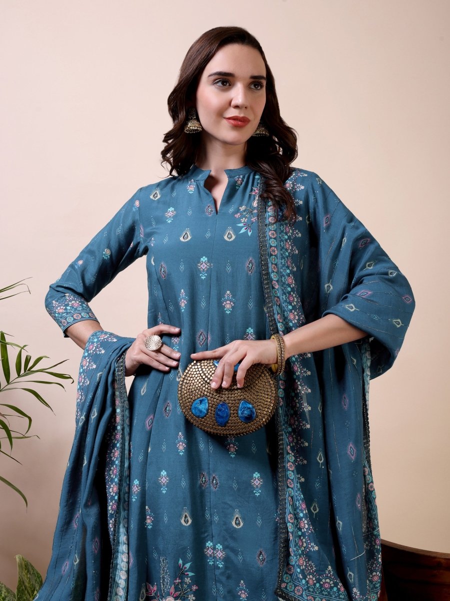 Metallic Blue Floral Embroidered A - Line Kurta Set with Dupatta - CLOHI