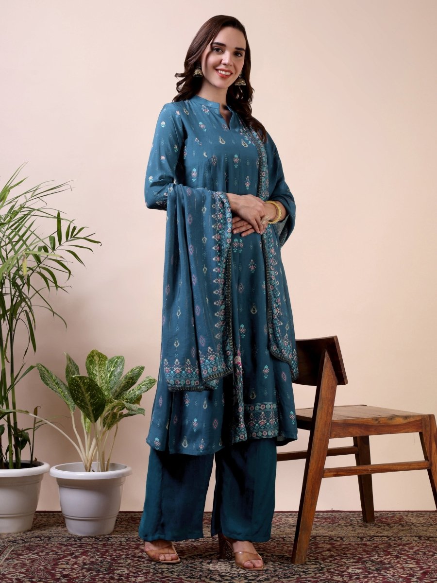 Metallic Blue Floral Embroidered A - Line Kurta Set with Dupatta - CLOHI