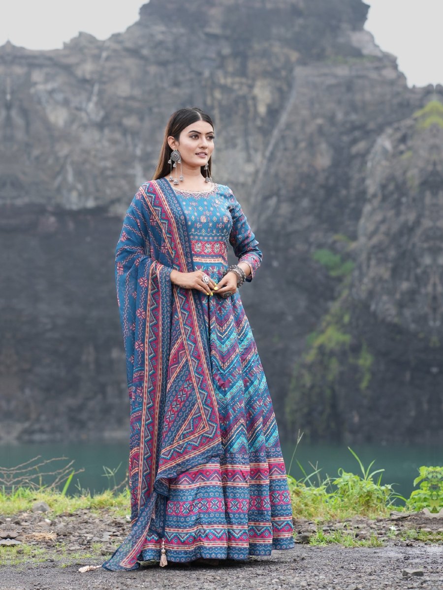Multi - Color Blue Zigzag Lariya Print Anarkali Gown Set - CLOHI