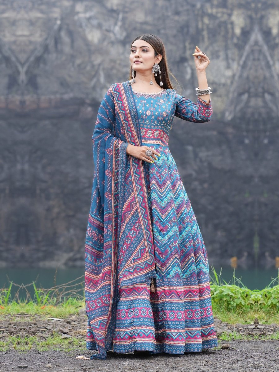 Multi - Color Blue Zigzag Lariya Print Anarkali Gown Set - CLOHI