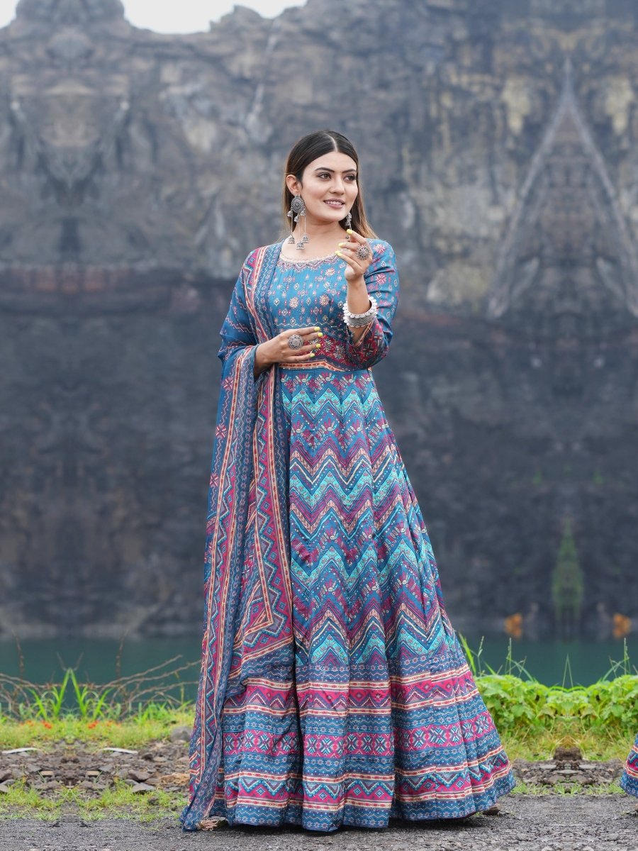 Multi - Color Blue Zigzag Lariya Print Anarkali Gown Set - CLOHI