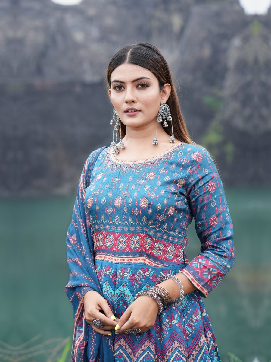 Multi - Color Blue Zigzag Lariya Print Anarkali Gown Set - CLOHI