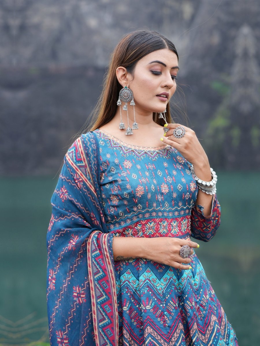 Multi - Color Blue Zigzag Lariya Print Anarkali Gown Set - CLOHI