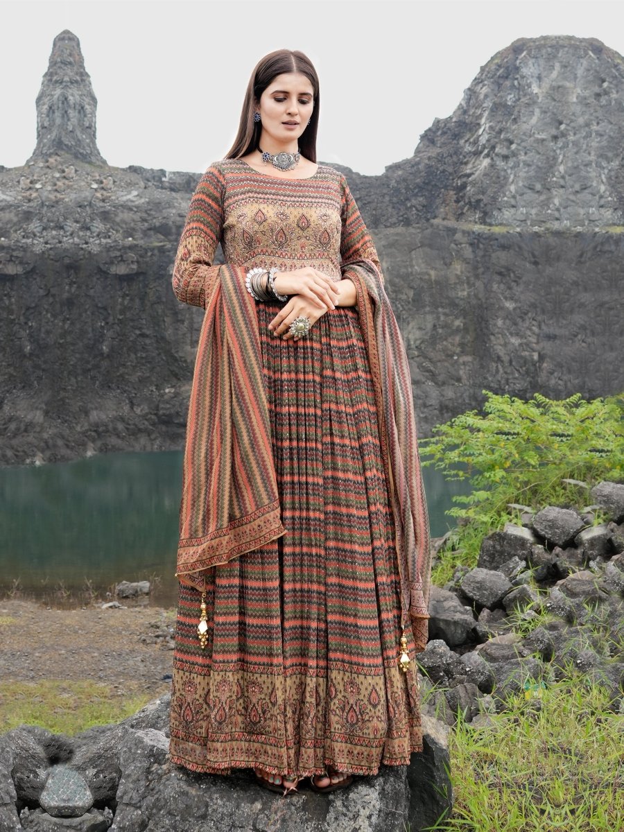 Multicolor Lining Floral Chinon Gown Set - CLOHI