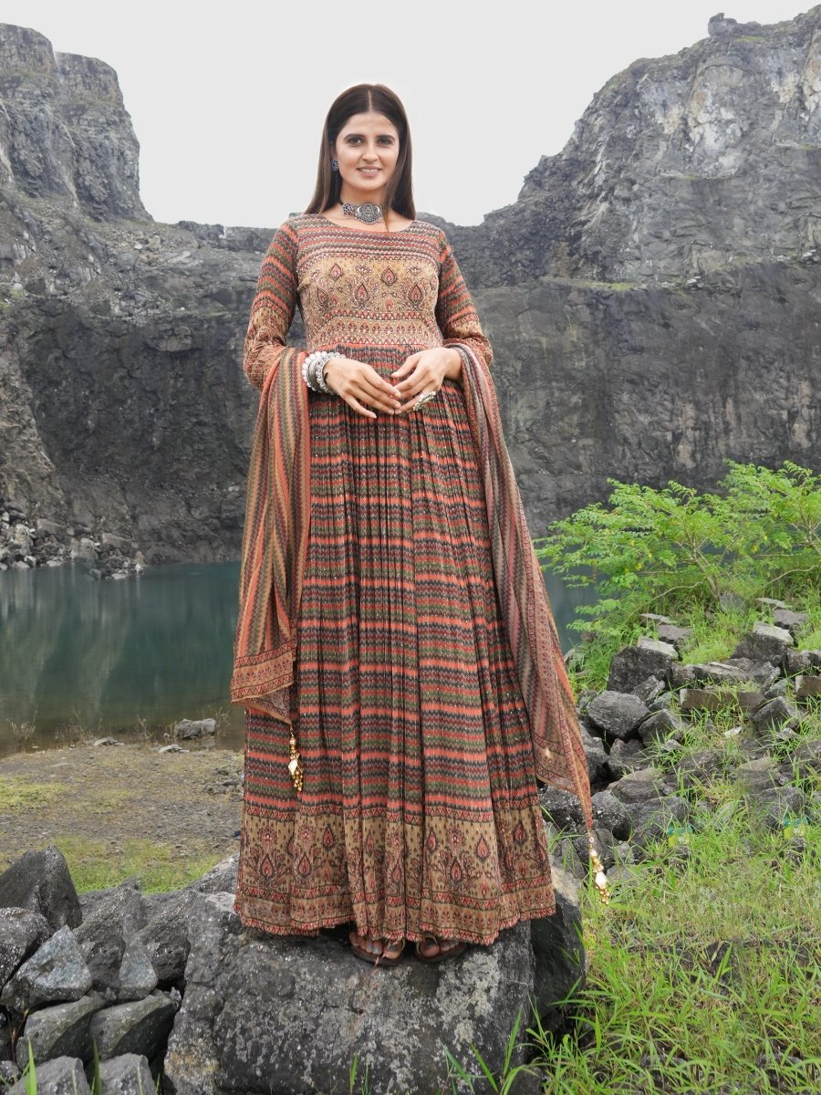 Multicolor Lining Floral Chinon Gown Set - CLOHI