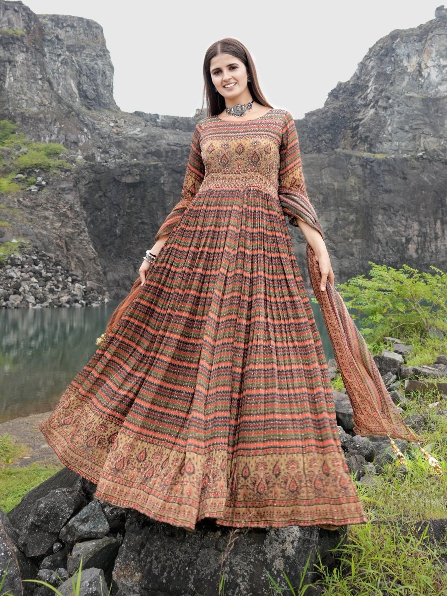 Multicolor Lining Floral Chinon Gown Set - CLOHI