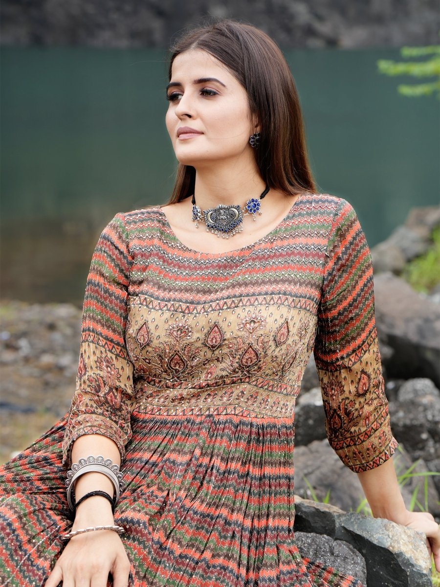 Multicolor Lining Floral Chinon Gown Set - CLOHI