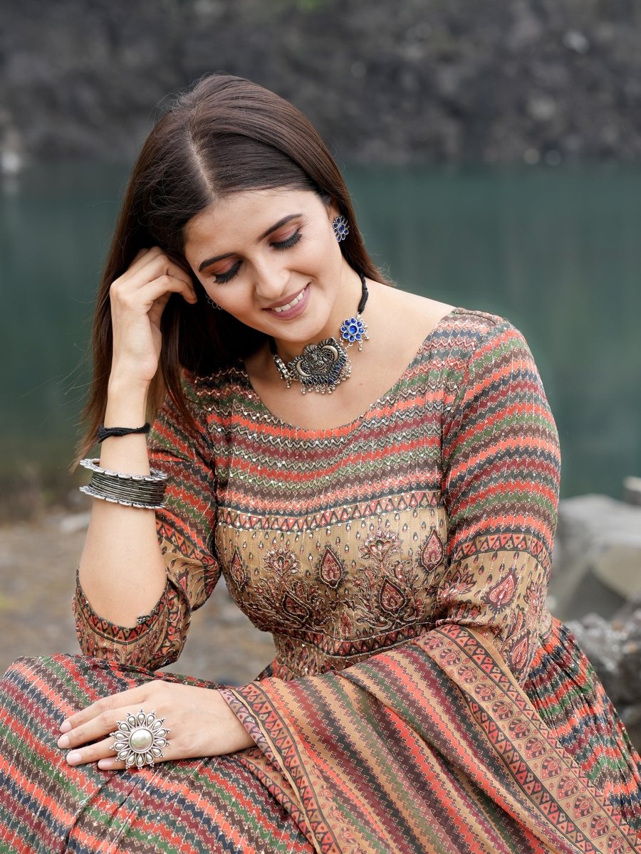 Multicolor Lining Floral Chinon Gown Set - CLOHI