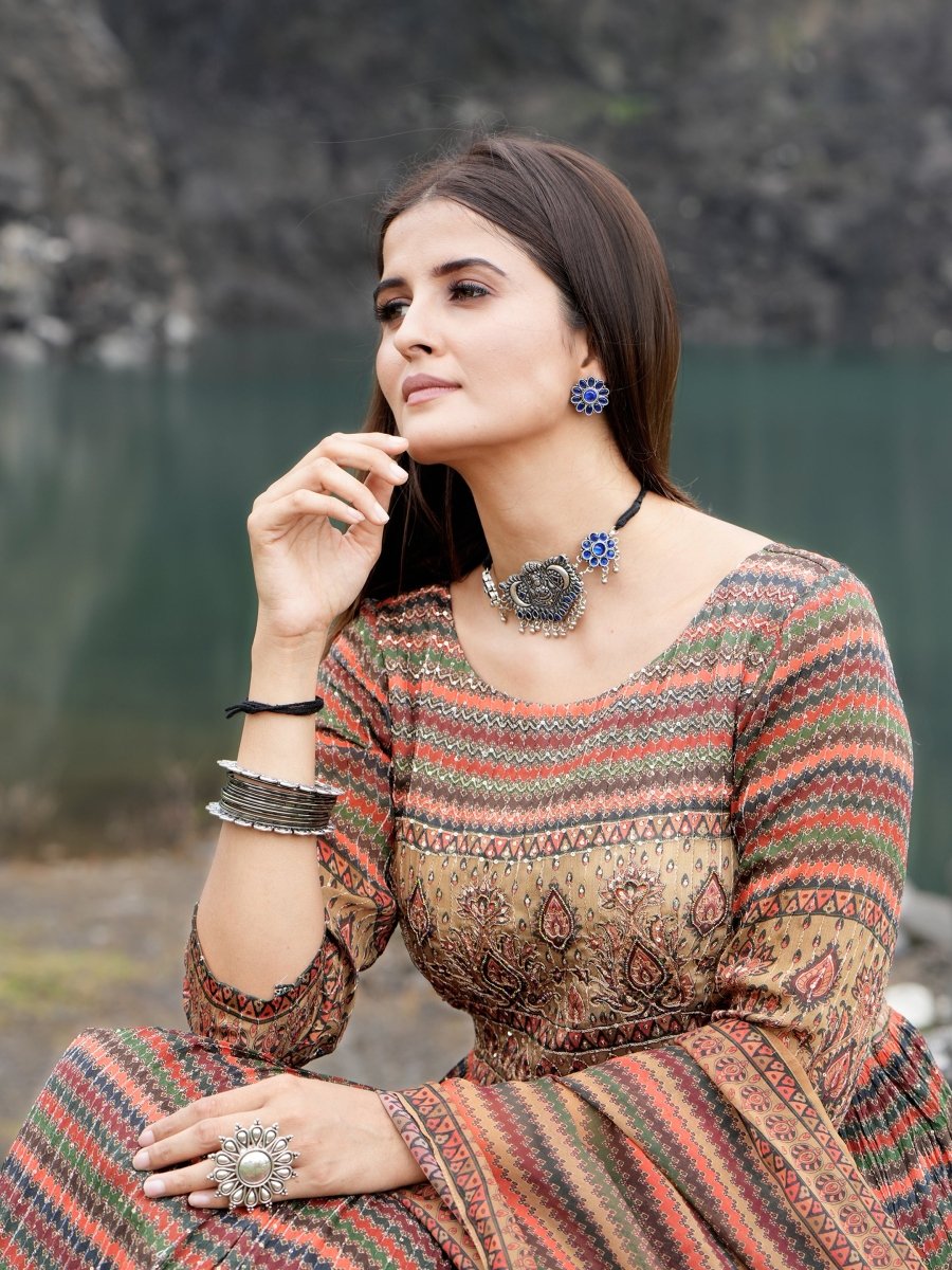 Multicolor Lining Floral Chinon Gown Set - CLOHI