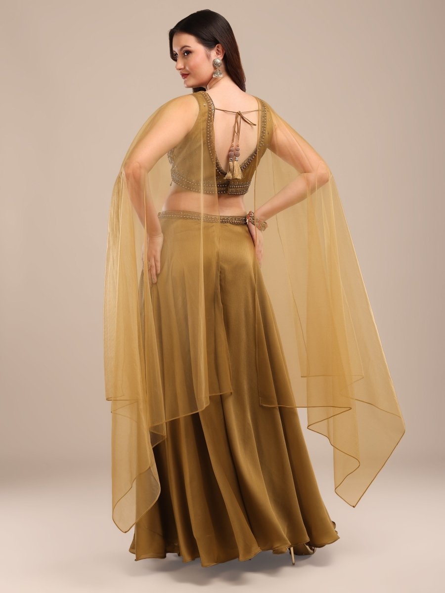 Mustard Gold Indo - Western Palazzo Set with Embroidered Blouse & Cape Dupatta - CLOHI
