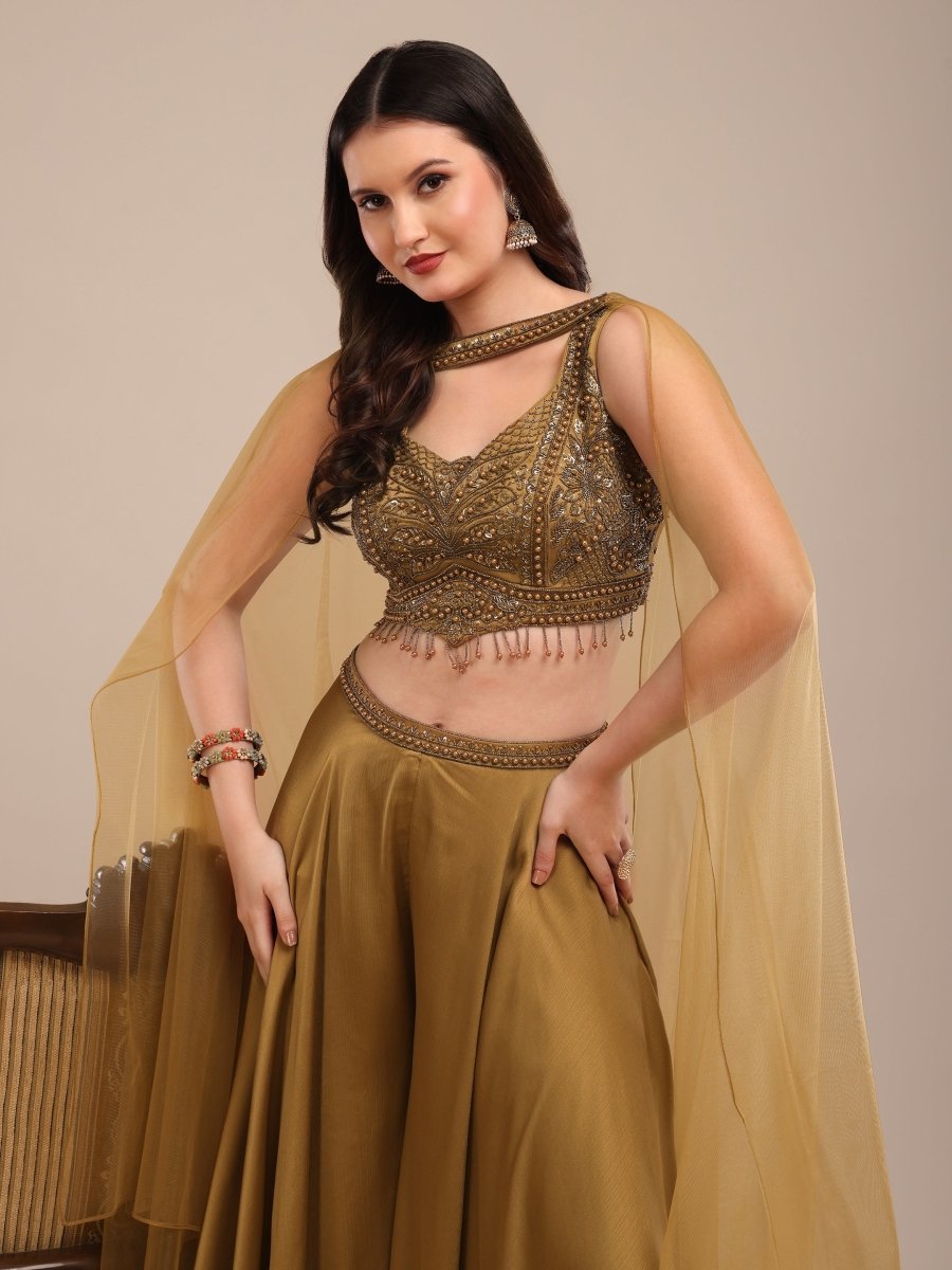 Mustard Gold Indo - Western Palazzo Set with Embroidered Blouse & Cape Dupatta - CLOHI