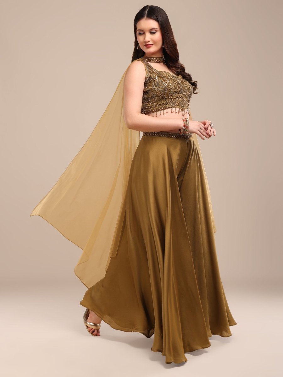 Mustard Gold Indo - Western Palazzo Set with Embroidered Blouse & Cape Dupatta - CLOHI