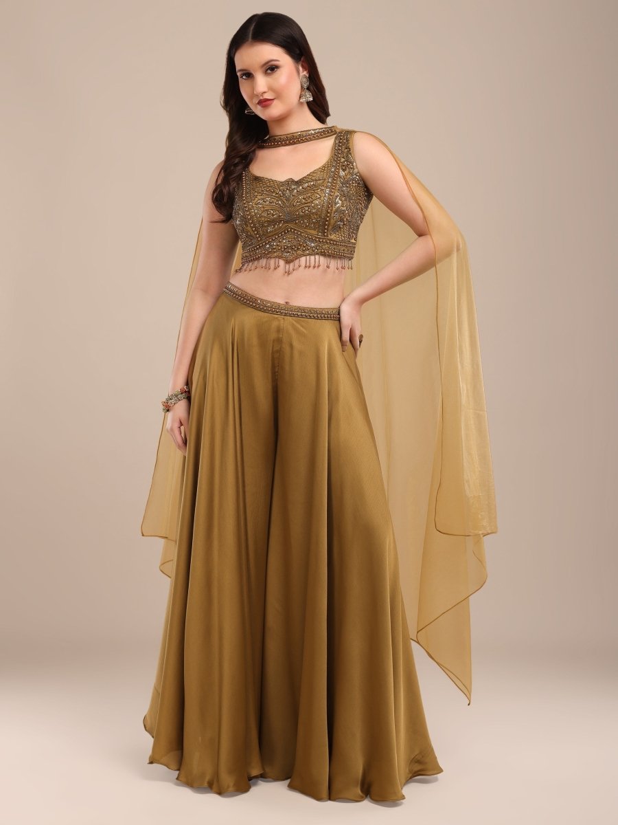 Mustard Gold Indo - Western Palazzo Set with Embroidered Blouse & Cape Dupatta - CLOHI