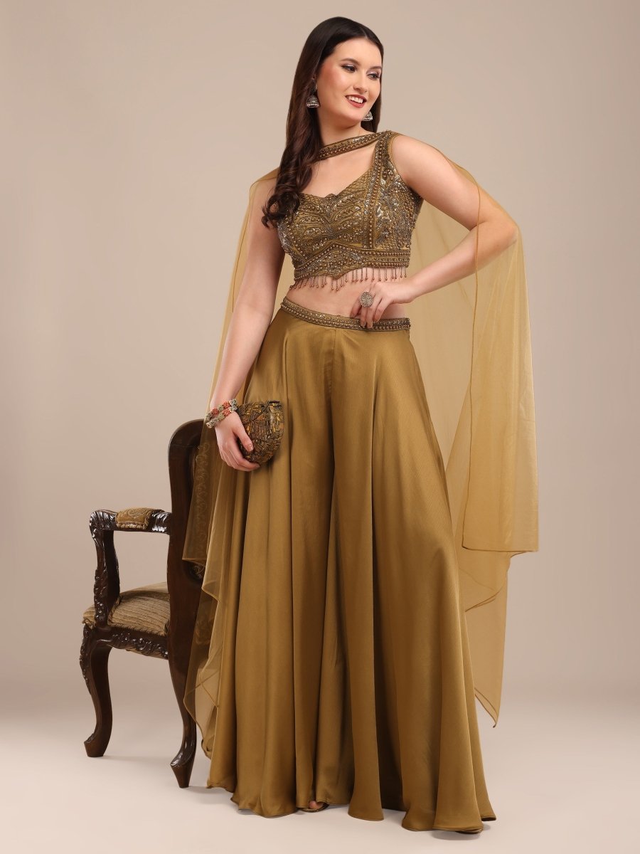 Mustard Gold Indo - Western Palazzo Set with Embroidered Blouse & Cape Dupatta - CLOHI