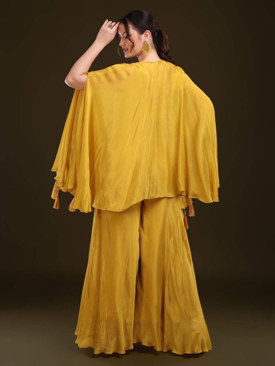 Mustard Yellow Embroidered Kaftan Palazzo Set in Viscose Chinon - CLOHI