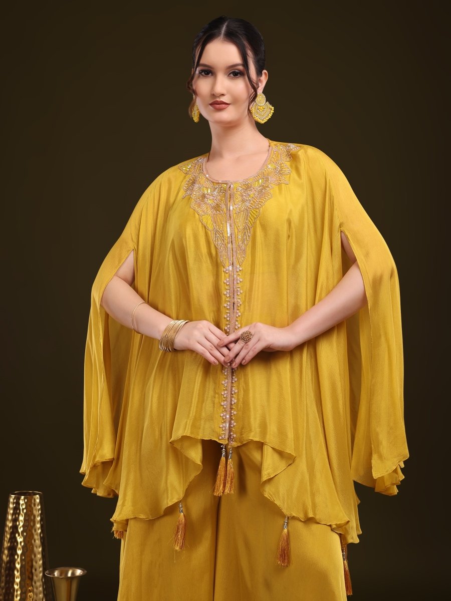 Mustard Yellow Embroidered Kaftan Palazzo Set in Viscose Chinon - CLOHI