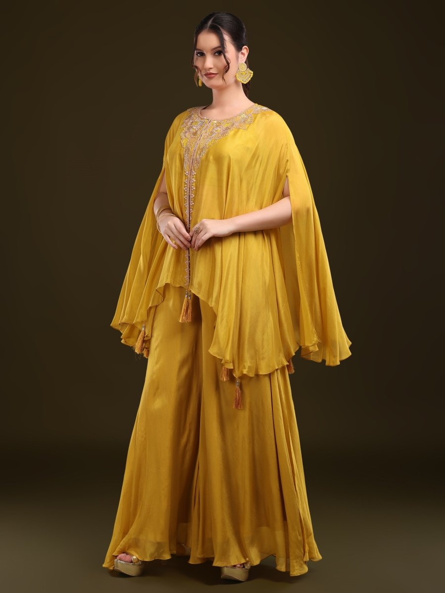 Mustard Yellow Embroidered Kaftan Palazzo Set in Viscose Chinon - CLOHI