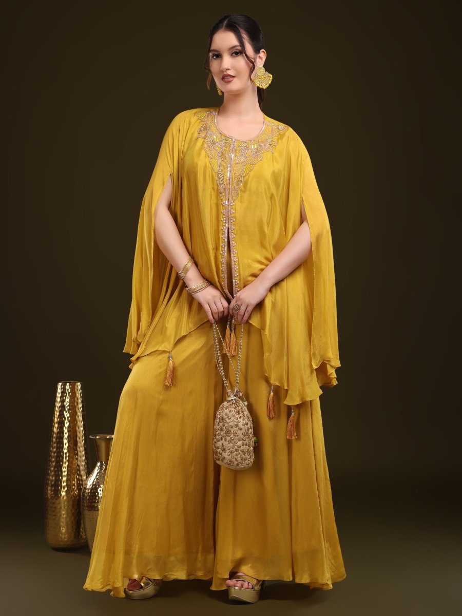 Mustard Yellow Embroidered Kaftan Palazzo Set in Viscose Chinon - CLOHI