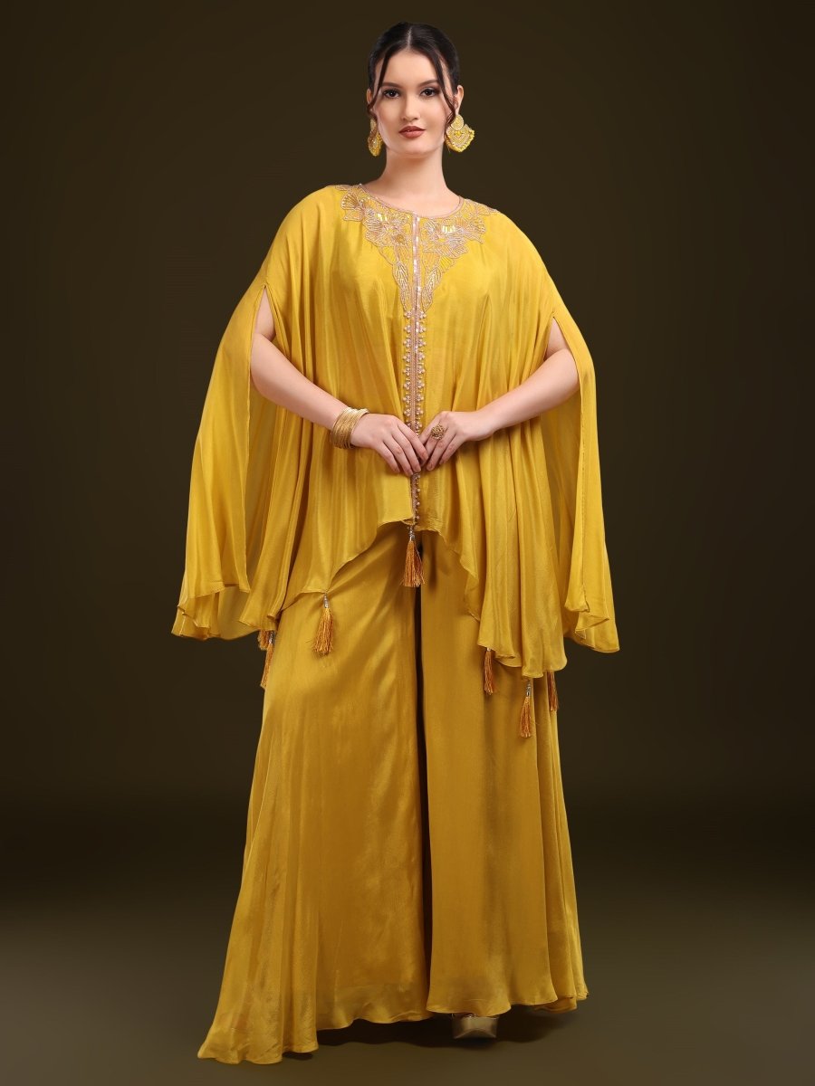 Mustard Yellow Embroidered Kaftan Palazzo Set in Viscose Chinon - CLOHI
