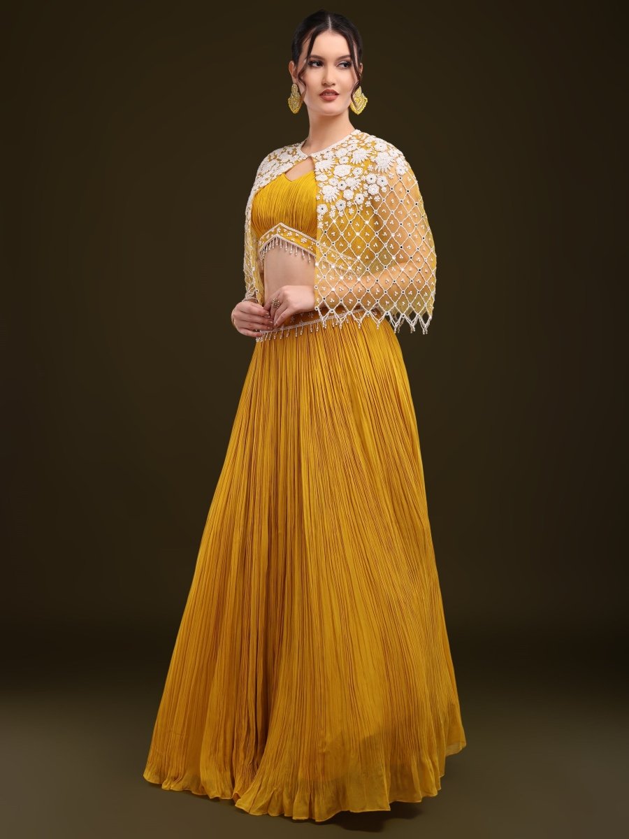 Mustard Yellow Pleated Lehenga Set with Embroidered Cape - CLOHI