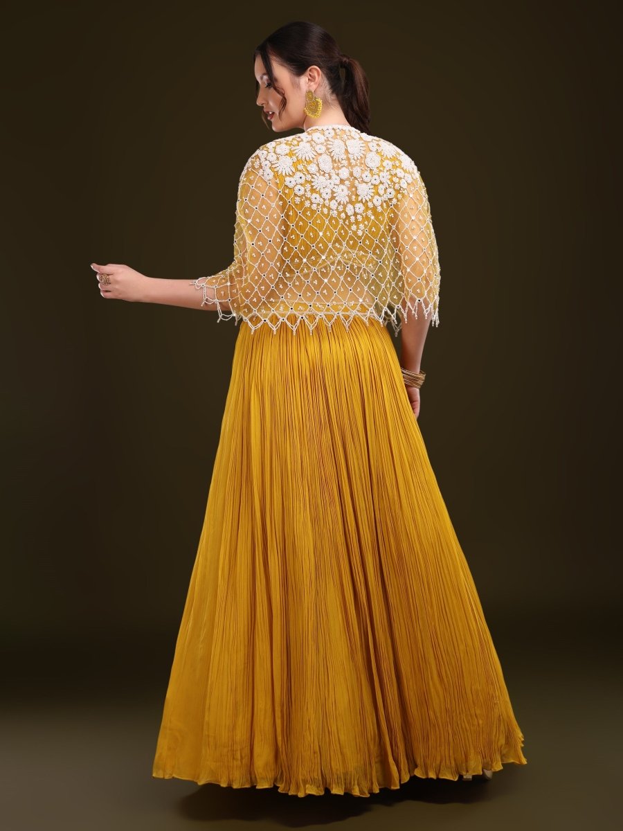 Mustard Yellow Pleated Lehenga Set with Embroidered Cape - CLOHI