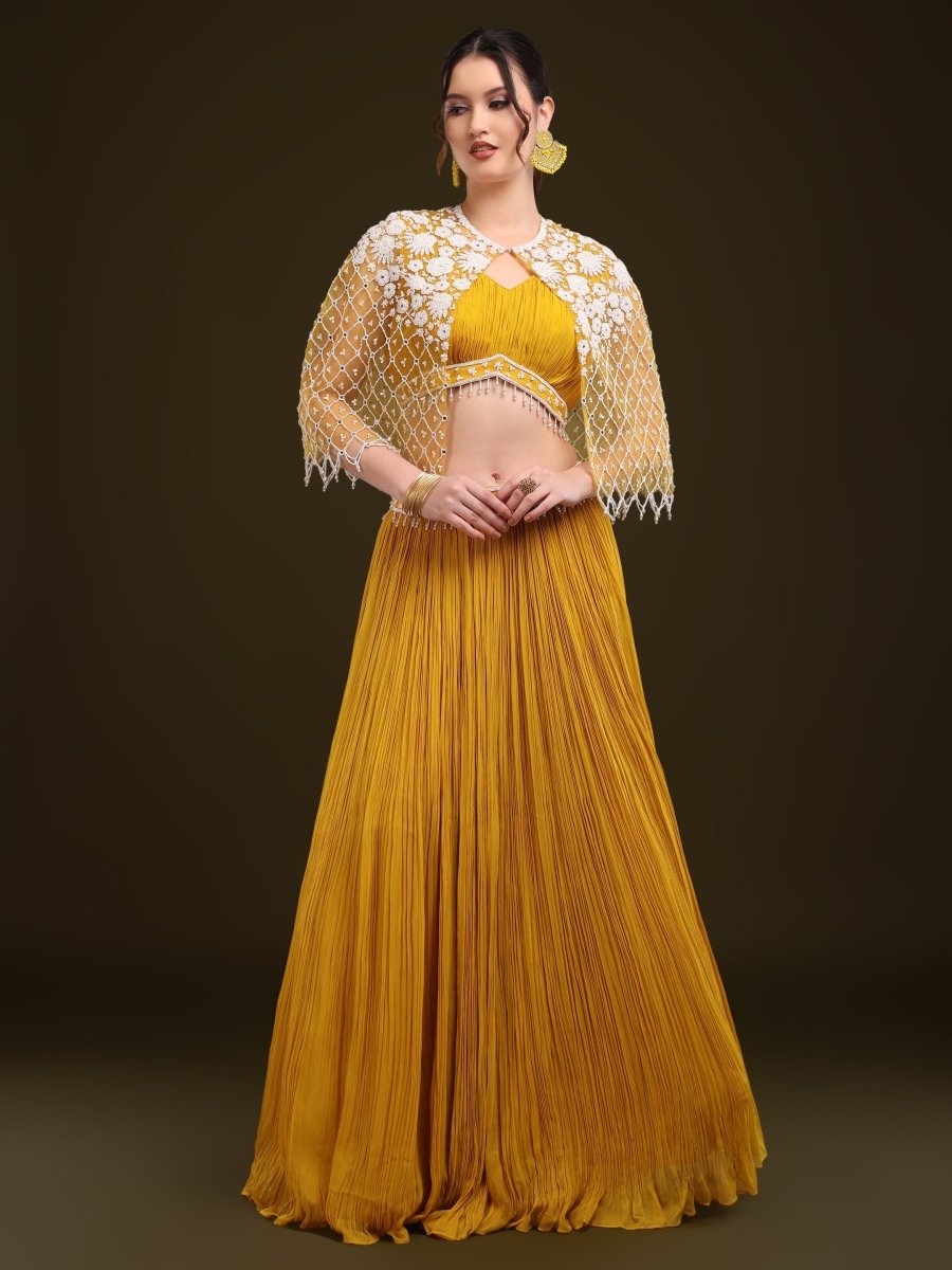 Mustard Yellow Pleated Lehenga Set with Embroidered Cape - CLOHI