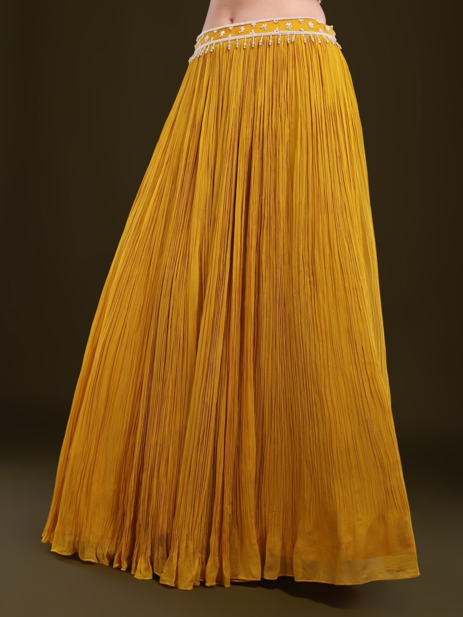 Mustard Yellow Pleated Lehenga Set with Embroidered Cape - CLOHI