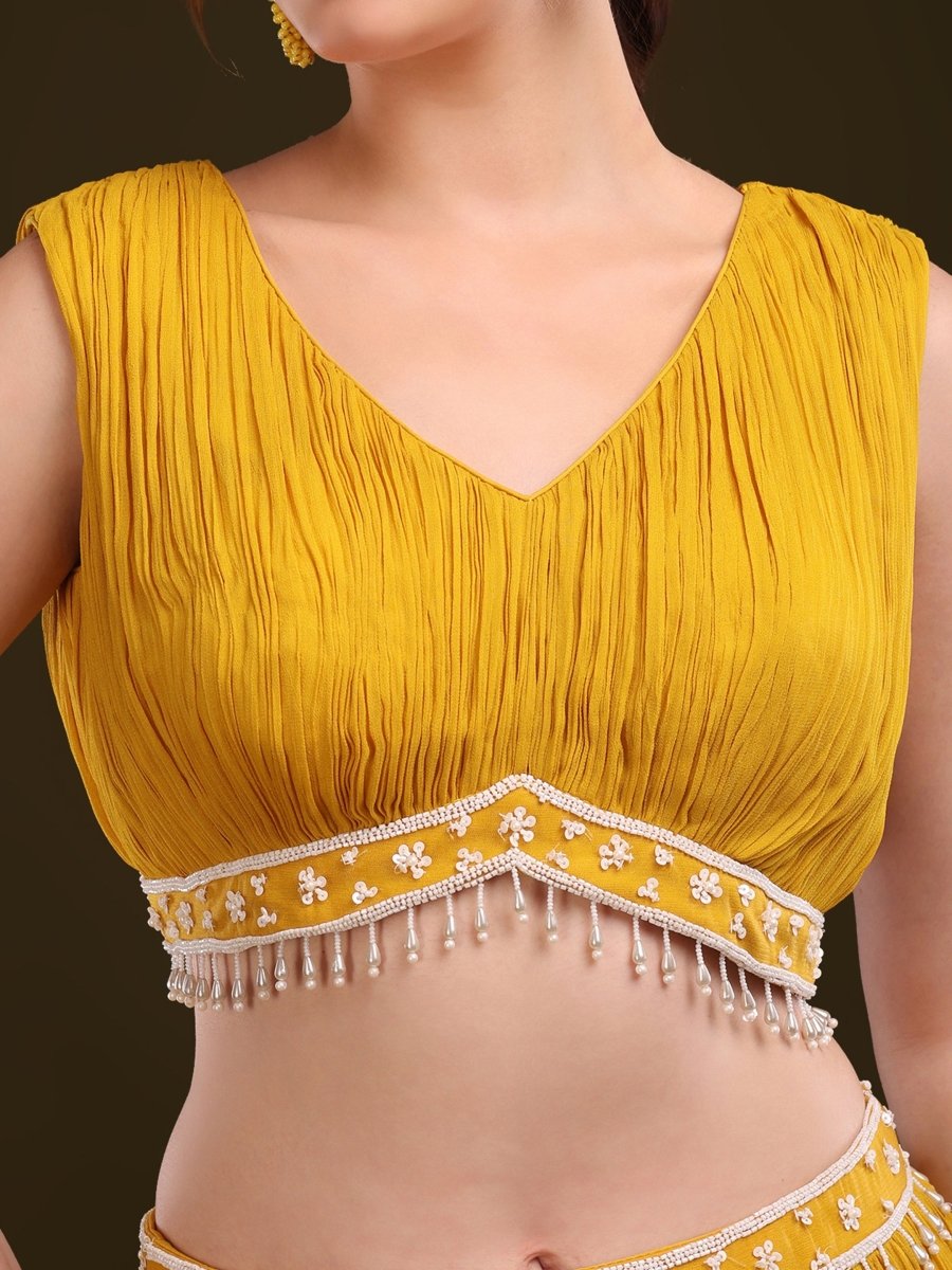 Mustard Yellow Pleated Lehenga Set with Embroidered Cape - CLOHI