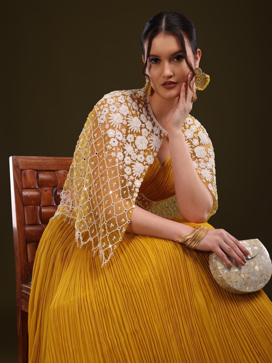 Mustard Yellow Pleated Lehenga Set with Embroidered Cape - CLOHI