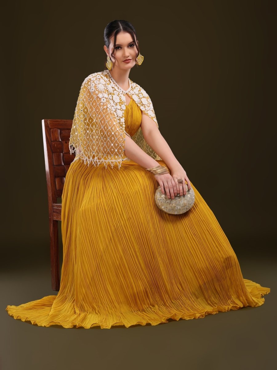 Mustard Yellow Pleated Lehenga Set with Embroidered Cape - CLOHI