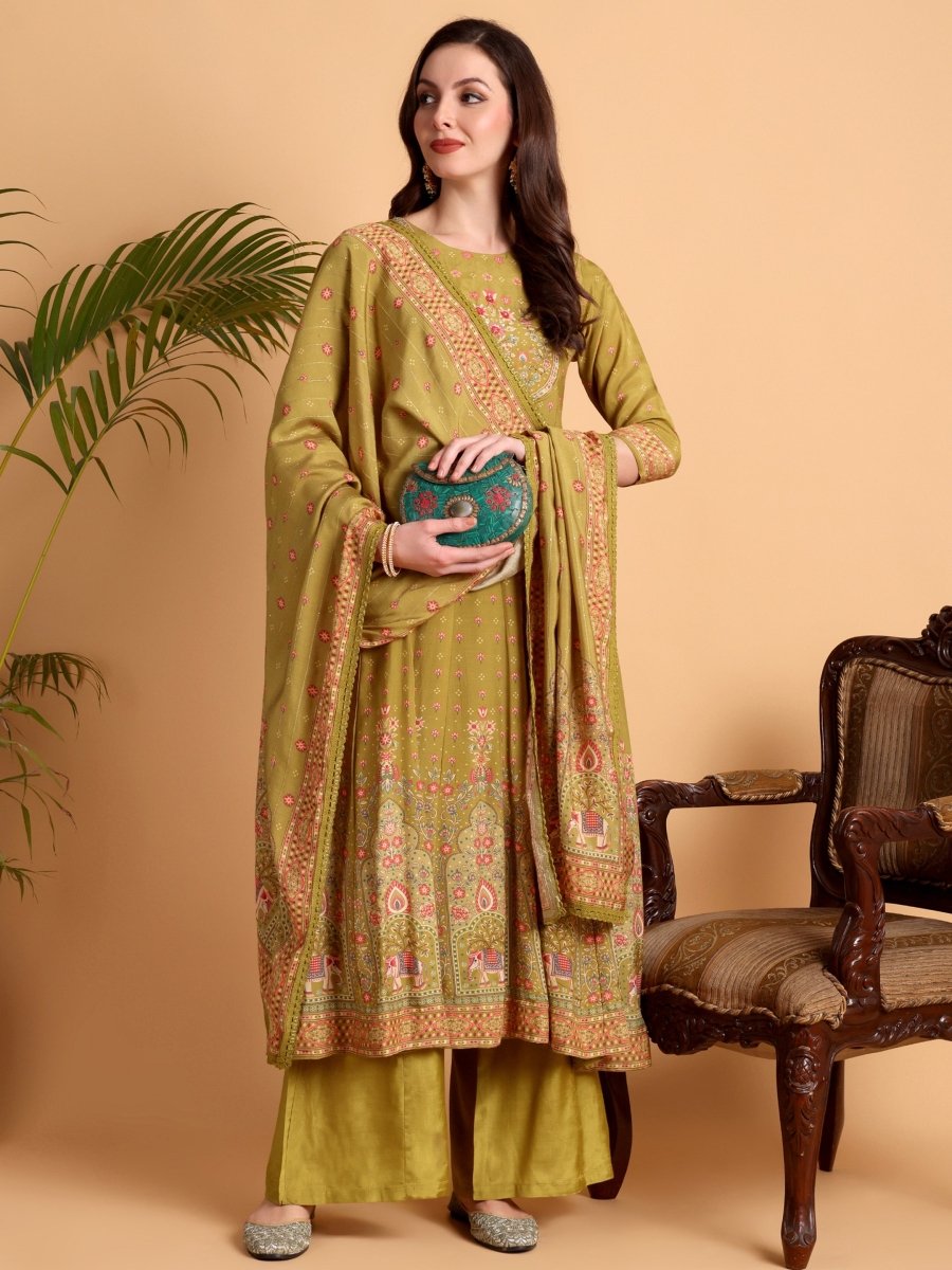 Mustered Yellow Anarkali Kurta Set with Palazzo - CLOHI