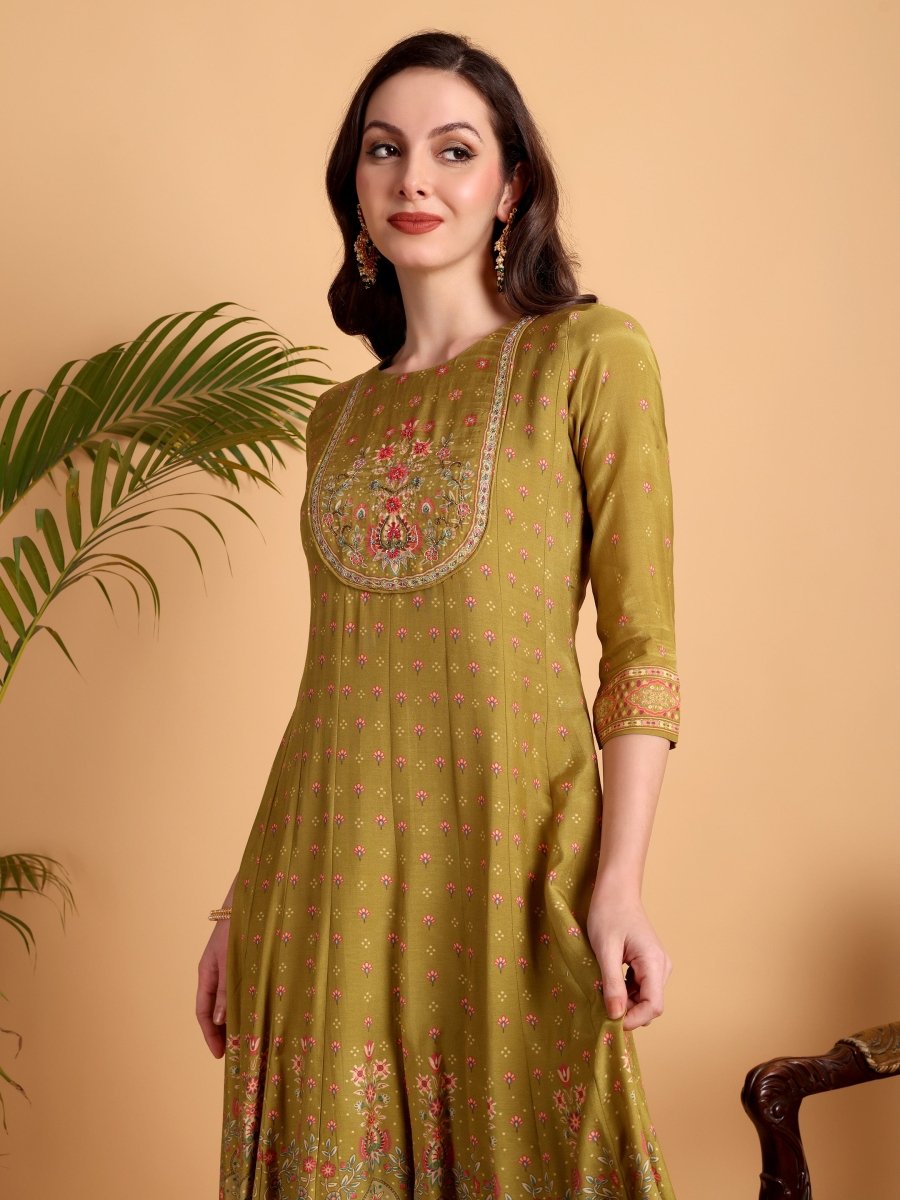 Mustered Yellow Anarkali Kurta Set with Palazzo - CLOHI