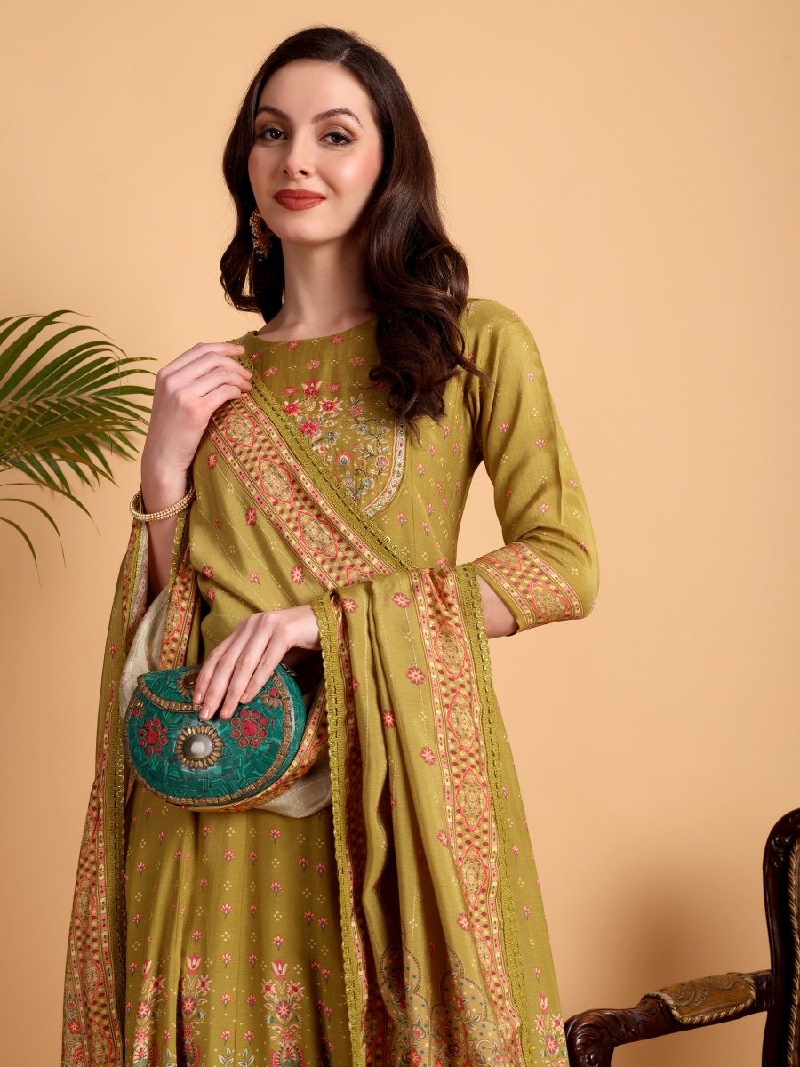 Mustered Yellow Anarkali Kurta Set with Palazzo - CLOHI