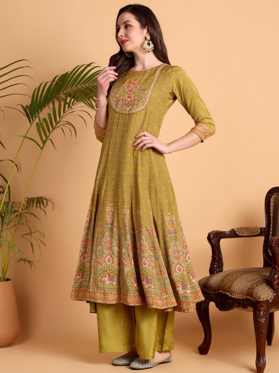 Mustered Yellow Anarkali Kurta Set with Palazzo - CLOHI
