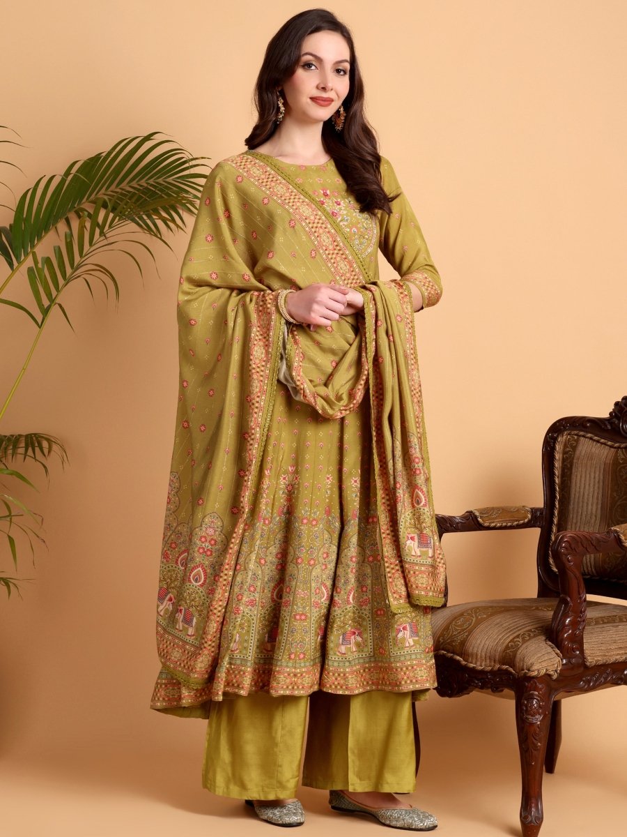 Mustered Yellow Anarkali Kurta Set with Palazzo - CLOHI