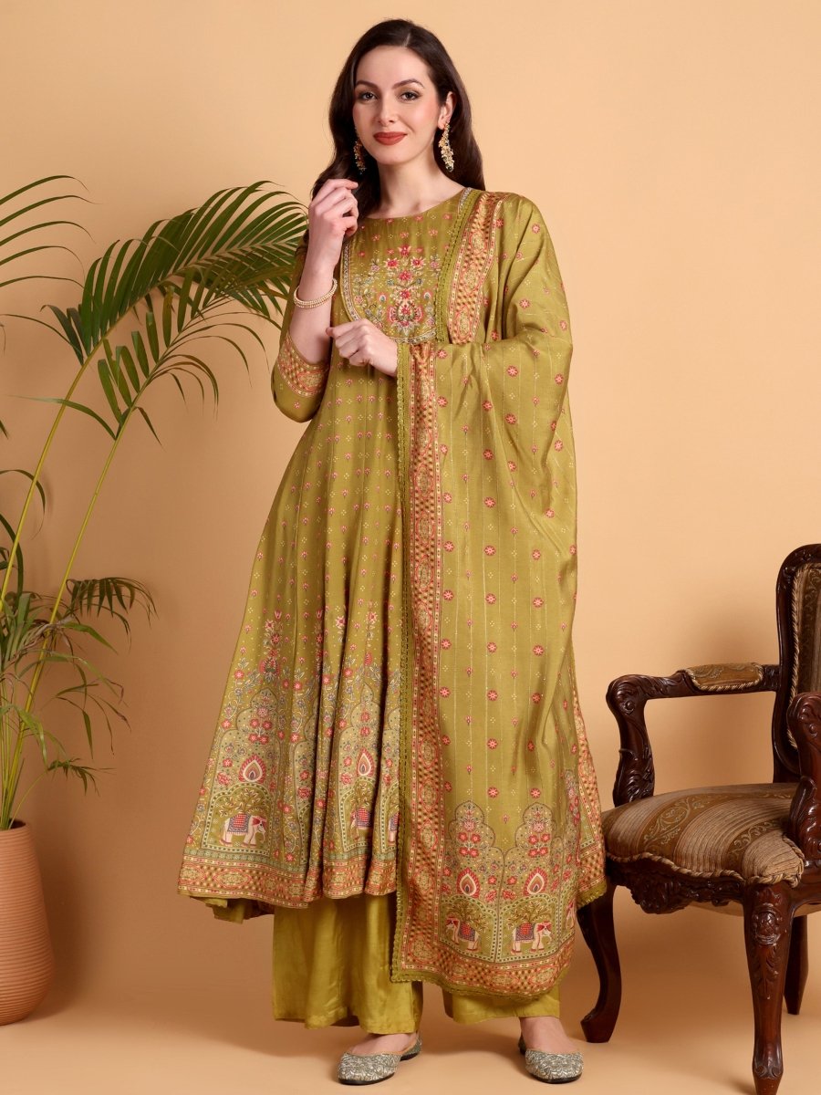 Mustered Yellow Anarkali Kurta Set with Palazzo - CLOHI