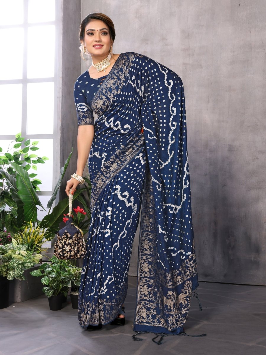 Navy Blue Bandhani Saree with Zari Elephant Motif - CLOHI