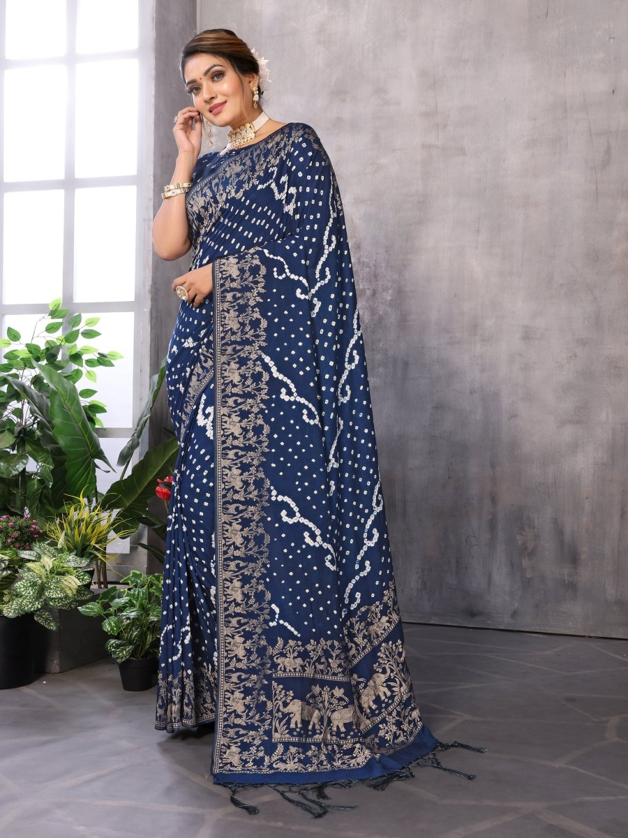 Navy Blue Bandhani Saree with Zari Elephant Motif - CLOHI