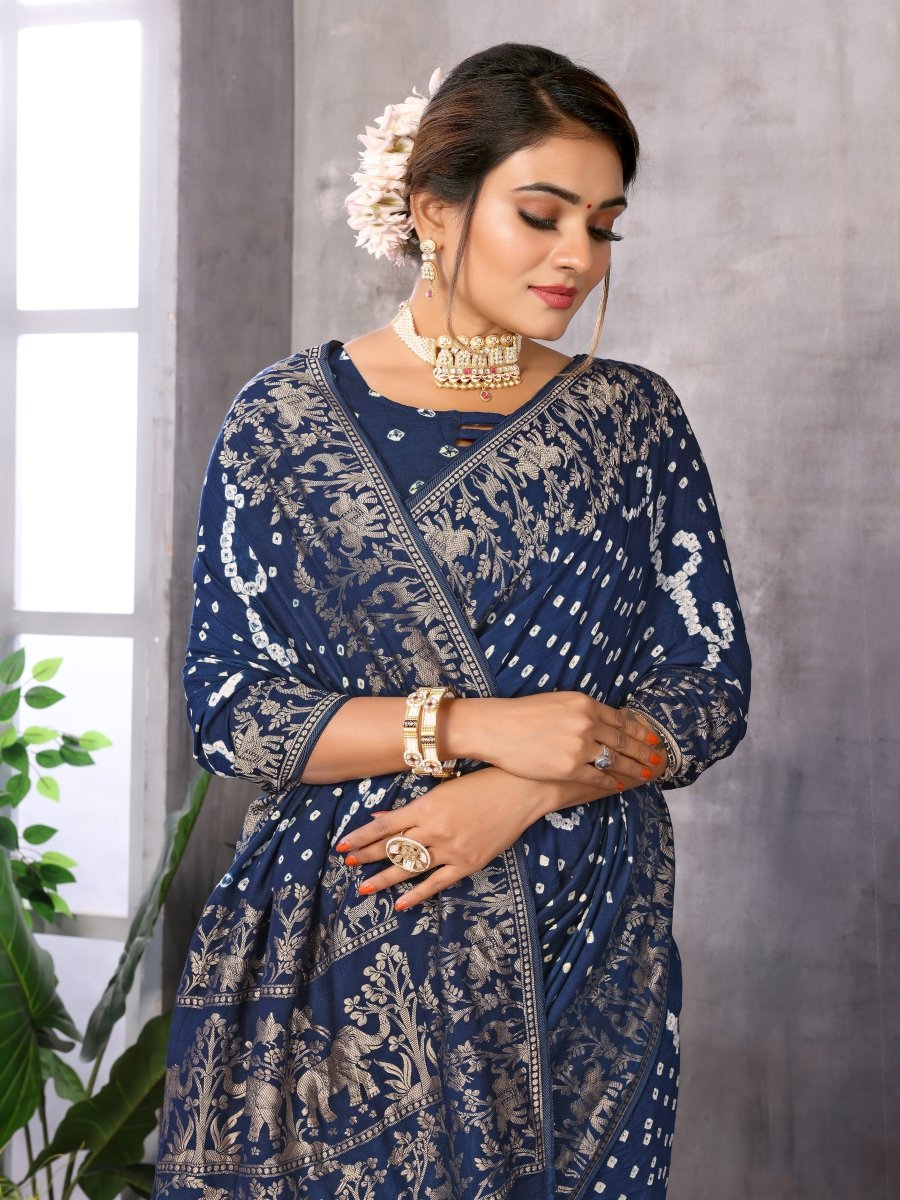 Navy Blue Bandhani Saree with Zari Elephant Motif - CLOHI