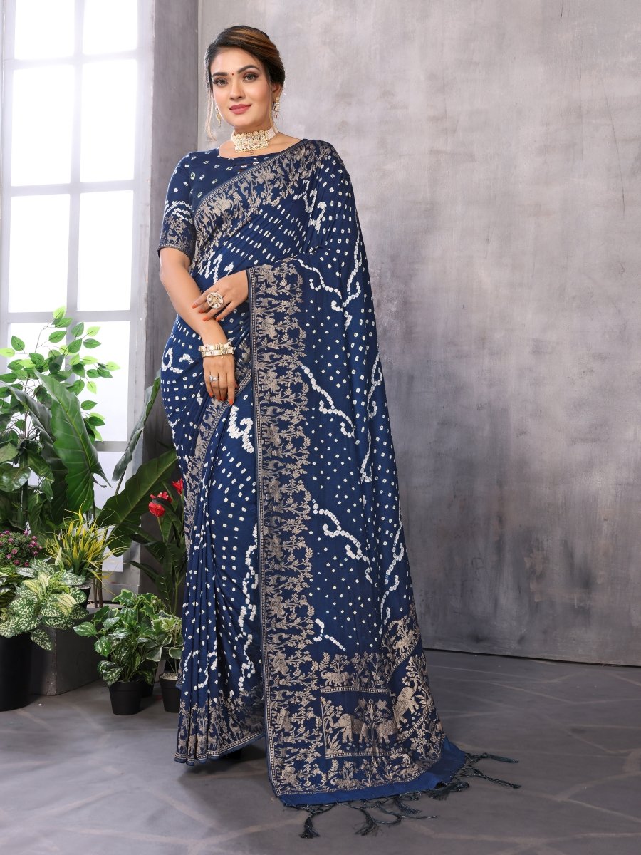 Navy Blue Bandhani Saree with Zari Elephant Motif - CLOHI