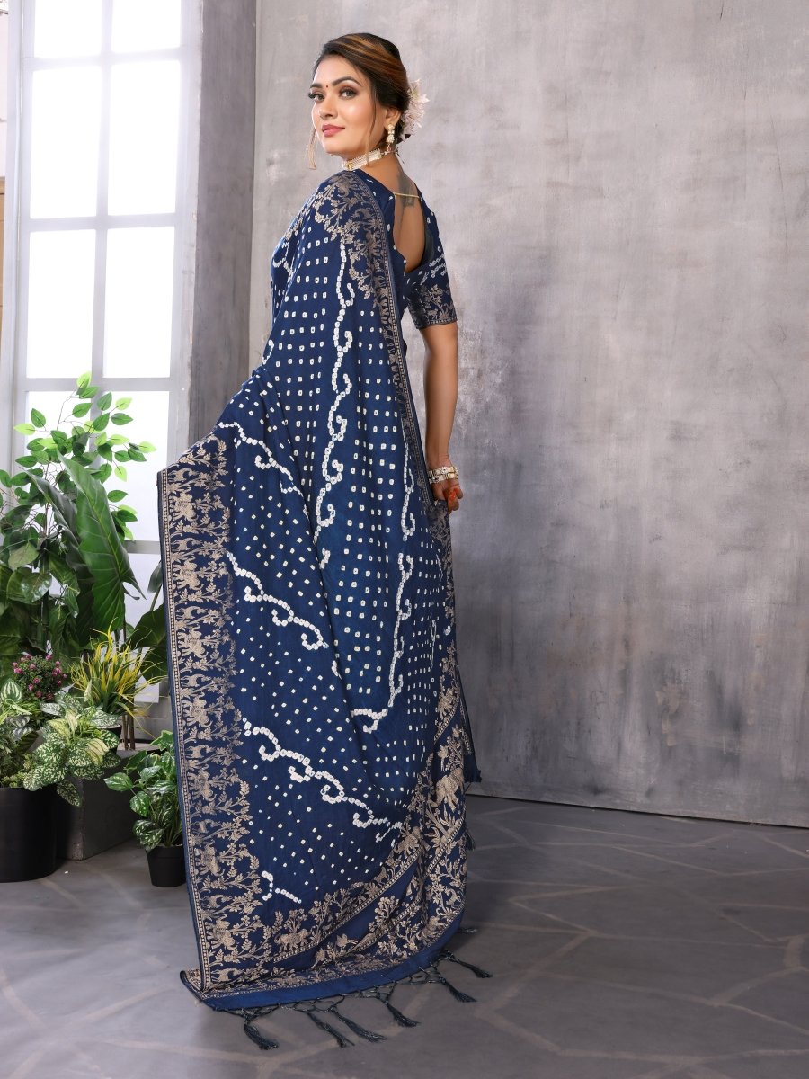 Navy Blue Bandhani Saree with Zari Elephant Motif - CLOHI