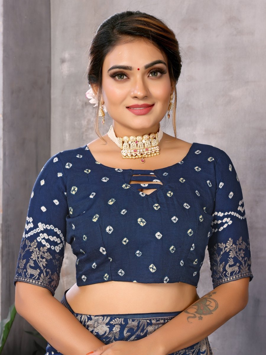 Navy Blue Bandhani Saree with Zari Elephant Motif - CLOHI