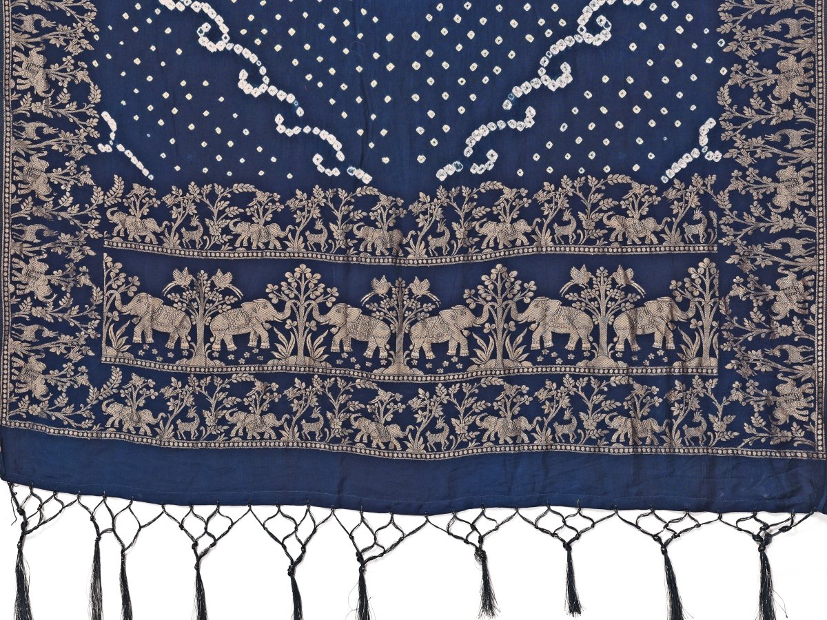 Navy Blue Bandhani Saree with Zari Elephant Motif - CLOHI