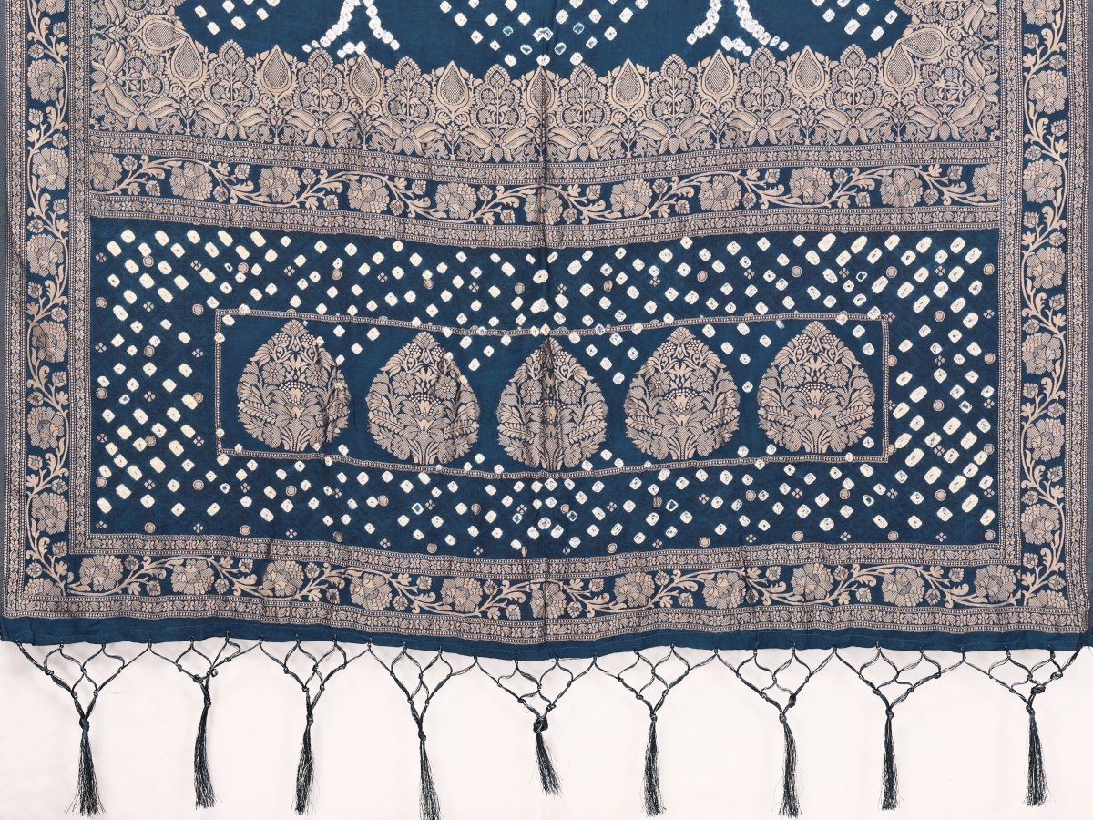Navy Blue Bandhani Saree with Zari Floral Motifs and Elegant Border - CLOHI