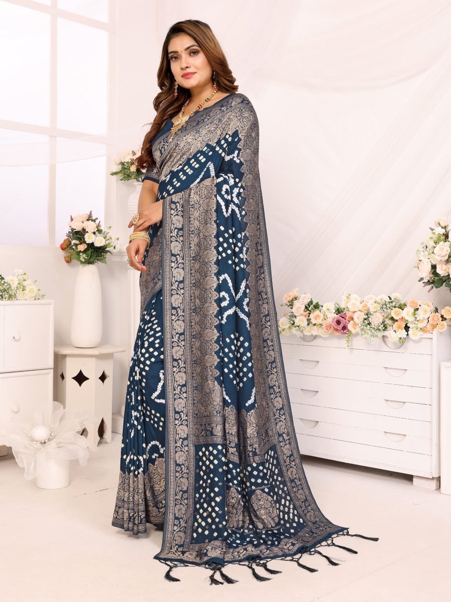 Navy Blue Bandhani Saree with Zari Floral Motifs and Elegant Border - CLOHI